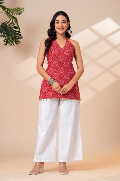 Red bandhani print short kurti