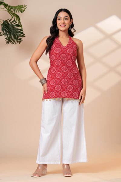 Red bandhani print short kurti