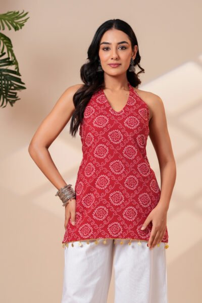 Red bandhani print short kurti