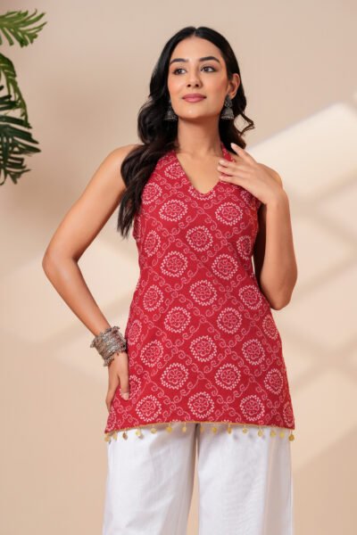 Red bandhani print short kurti
