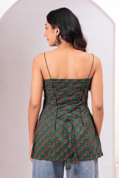 Green floral strap short kurti