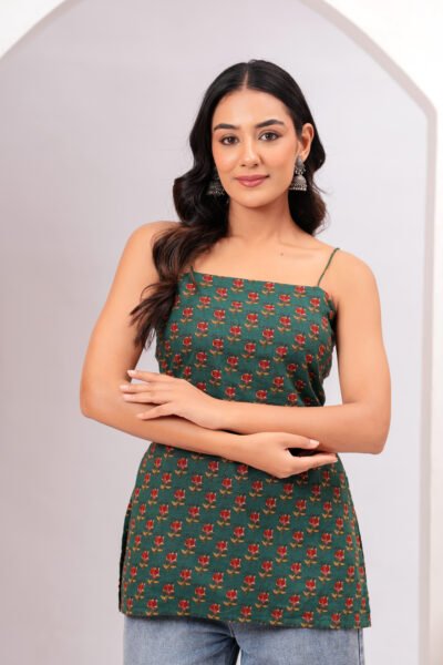 Green floral strap short kurti