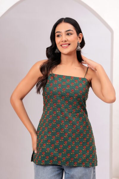 Green floral strap short kurti