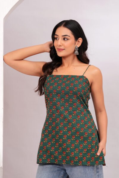 Green floral strap short kurti