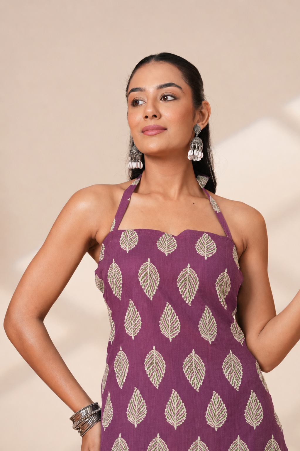 Purple Ethnic Printed Cotton Halter Neck Straight Kurti - Image 6