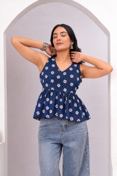 Bolbo Navy Blue Floral Printed Cotton Peplum Top