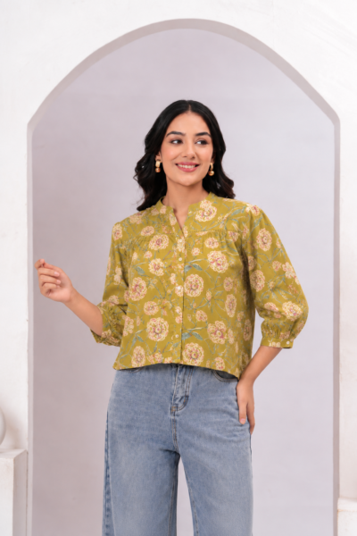 Women Mustard Yellow Floral Printed Mandarin Collar Cotton Shirt Style Top