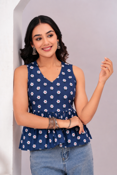 Bolbo Navy Blue Floral Printed Cotton Peplum Top