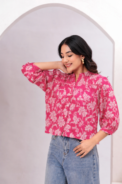 BOLBO Women Pink Floral Printed Mandarin Collar Cotton Shirt Style Top