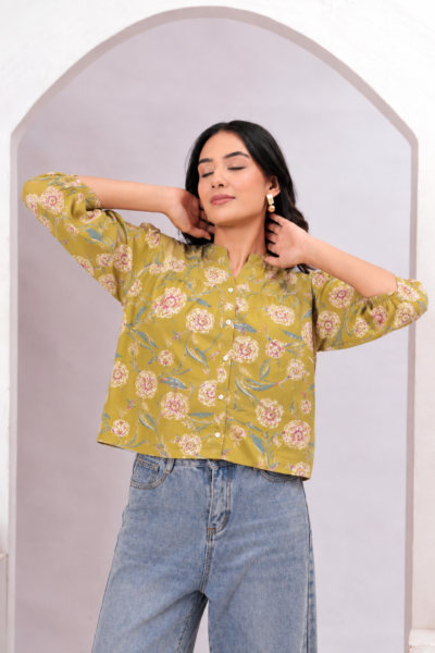 Women Mustard Yellow Floral Printed Mandarin Collar Cotton Shirt Style Top