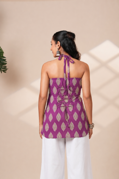 Purple Ethnic Printed Cotton Halter Neck Straight Kurti