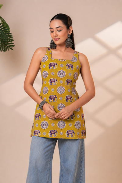 Mustard Ethnic Elephant Printed Cotton Sleeveless Straight Kurti