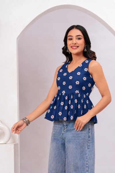 Bolbo Navy Blue Floral Printed Cotton Peplum Top