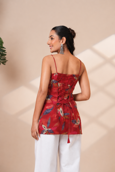 Women Rust Red Printed Shoulder Strap Cotton Short Kurti