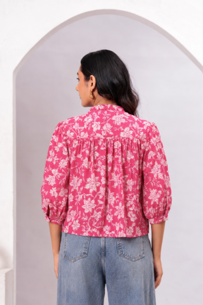 BOLBO Women Pink Floral Printed Mandarin Collar Cotton Shirt Style Top