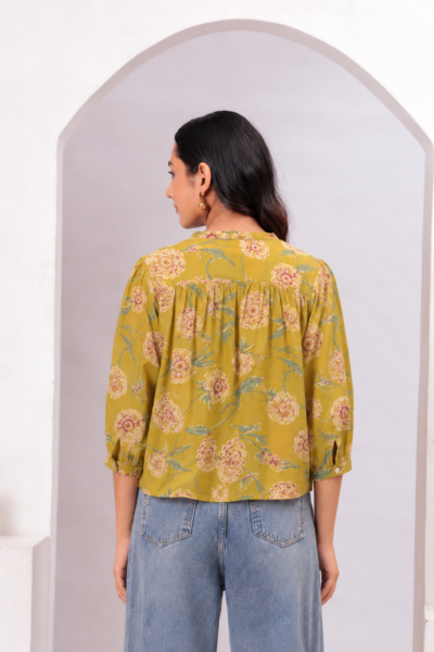 Women Mustard Yellow Floral Printed Mandarin Collar Cotton Shirt Style Top