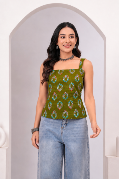 Olive Green Ethnic Motif Printed Cotton Short Kurti