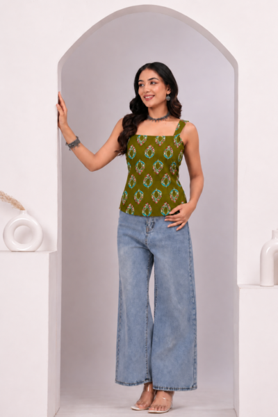 Olive Green Ethnic Motif Printed Cotton Short Kurti