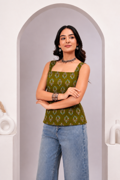 Olive Green Ethnic Motif Printed Cotton Short Kurti