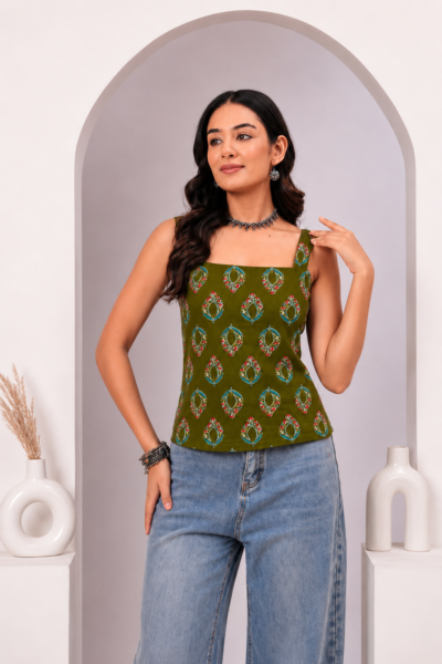 Olive Green Ethnic Motif Printed Cotton Short Kurti