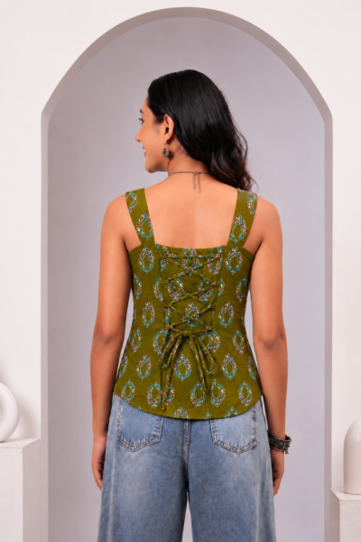 Olive Green Ethnic Motif Printed Cotton Short Kurti