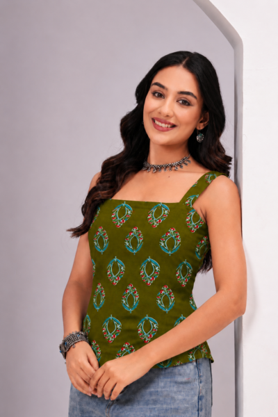 Olive Green Ethnic Motif Printed Cotton Short Kurti