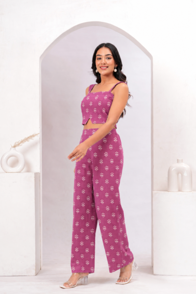 Pink Printed Cotton Co-Ord Set with Crop Top & Wide Leg Pants
