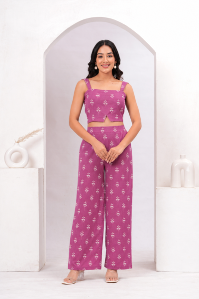 Pink Printed Cotton Co-Ord Set with Crop Top & Wide Leg Pants