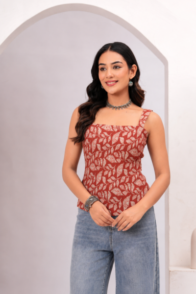 Rust Orange Leaf Printed Cotton Sleeveless Top