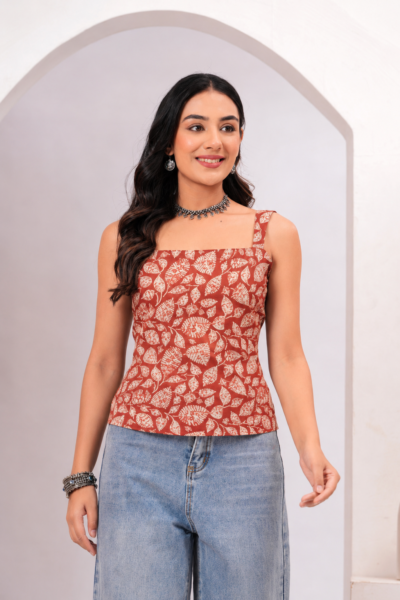 Rust Orange Leaf Printed Cotton Sleeveless Top