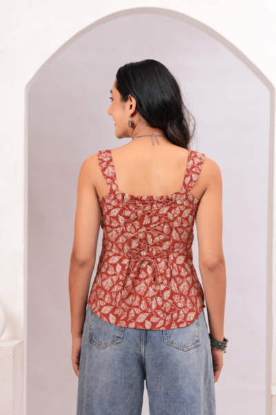 Rust Orange Leaf Printed Cotton Sleeveless Top
