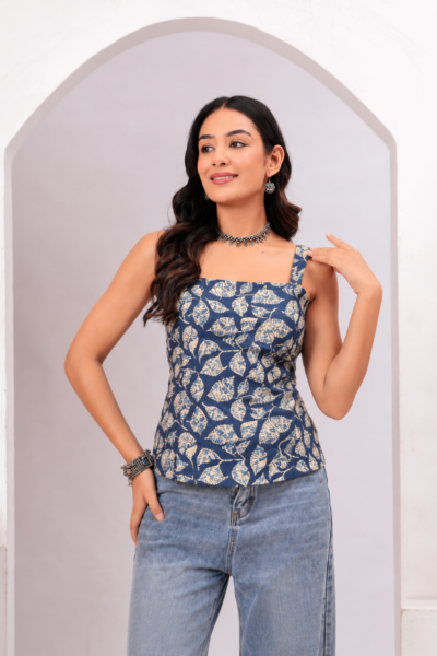 Blue Leaf Printed Cotton Sleeveless Corset Top