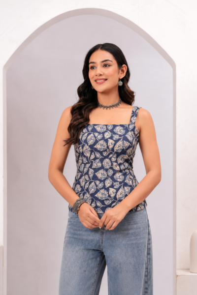 Blue Leaf Printed Cotton Sleeveless Corset Top