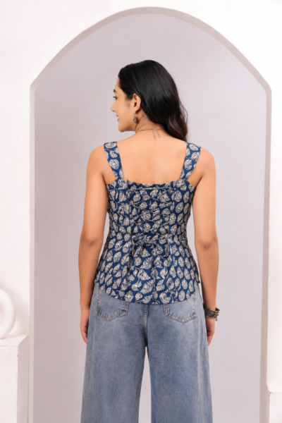 Blue Leaf Printed Cotton Sleeveless Corset Top