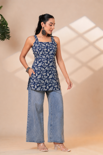 Navy Blue Leaf Printed Cotton Sleeveless Longline Short Kurti