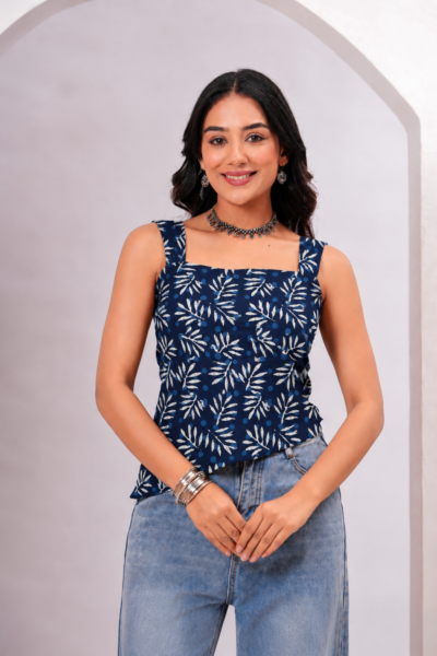Navy Blue Leaf Printed Cotton Lace-Up Back Top