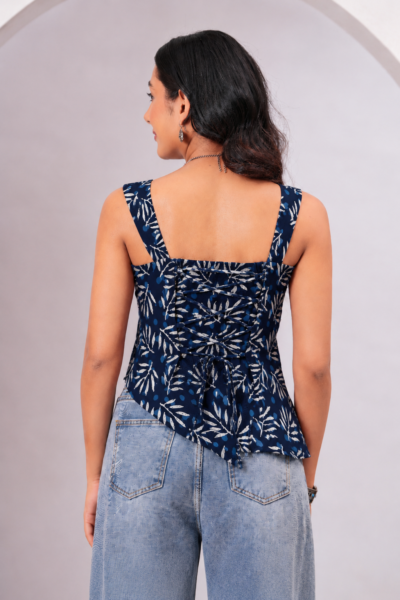 Navy Blue Leaf Printed Cotton Lace-Up Back Top