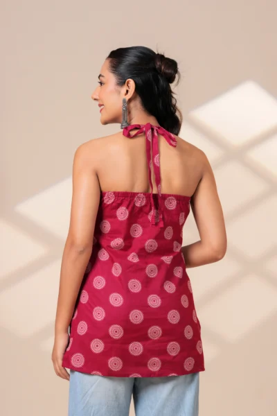 Indie Muse ethnic Maroon Printed Halter Neck Sleeveless short kurti