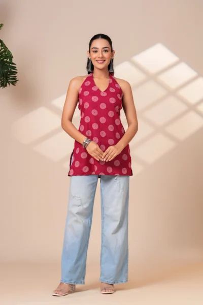 Indie Muse ethnic Maroon Printed Halter Neck Sleeveless short kurti