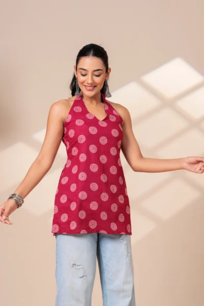 Indie Muse ethnic Maroon Printed Halter Neck Sleeveless short kurti