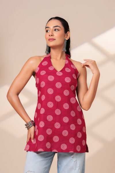 Indie Muse ethnic Maroon Printed Halter Neck Sleeveless short kurti