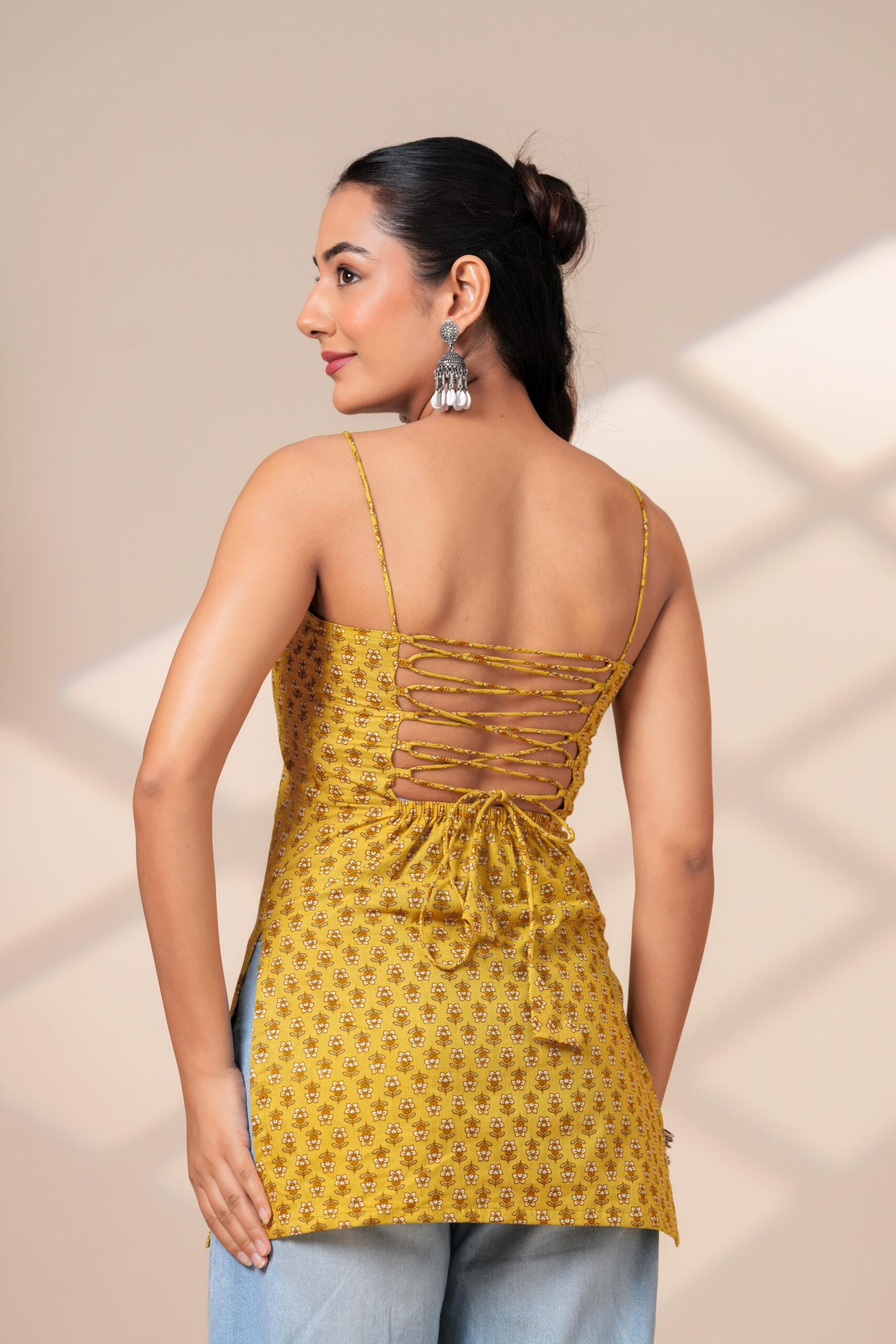 Yellow Daisy Charm Strappy Short Kurti for Women | Printed Cotton Lace-Up Back Top - Image 6