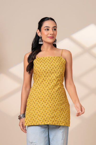 Yellow Daisy Charm Strappy Short Kurti for Women | Printed Cotton Lace-Up Back Top