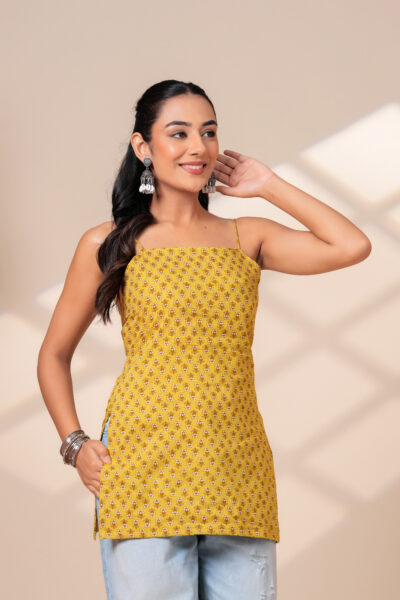 Yellow Daisy Charm Strappy Short Kurti for Women | Printed Cotton Lace-Up Back Top