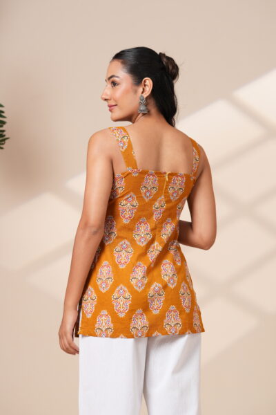 Mustard Muse Ethnic Motifs Sleeveless Short Kurti