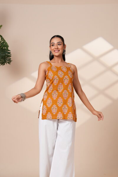 Mustard Muse Ethnic Motifs Sleeveless Short Kurti