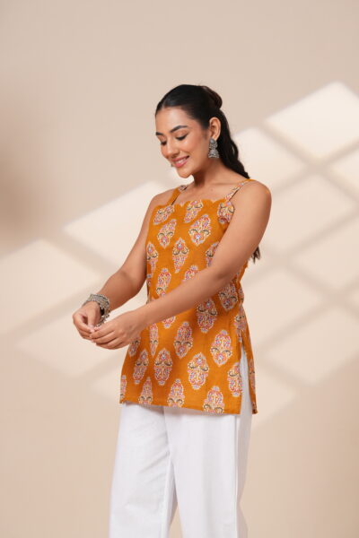 Mustard Muse Ethnic Motifs Sleeveless Short Kurti