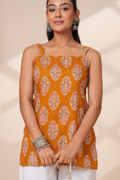 Mustard Muse Ethnic Motifs Sleeveless Short Kurti