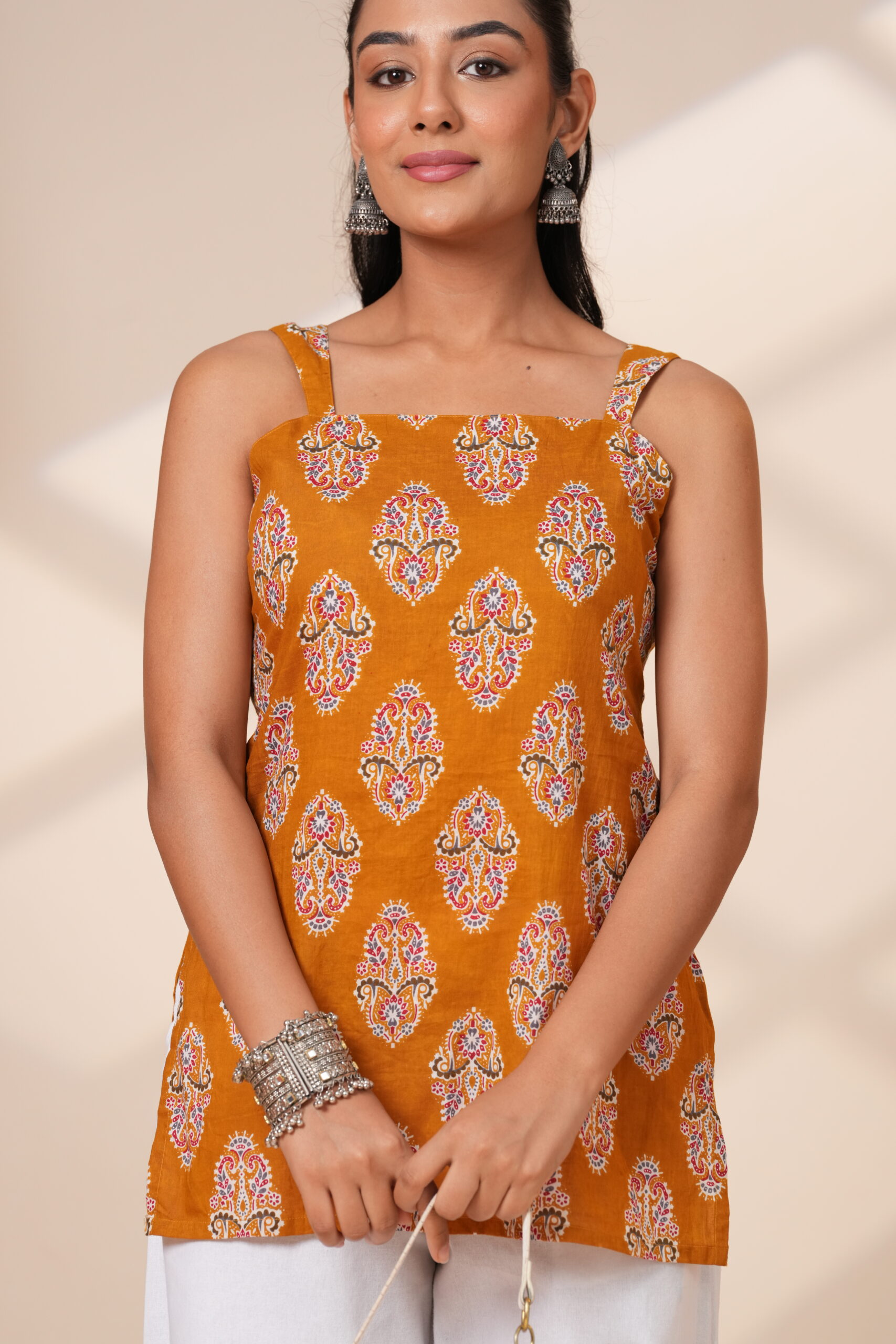 Mustard Muse Ethnic Motifs Sleeveless Short Kurti - Image 3