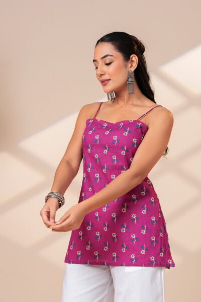 Women Fuchsia Pink Floral Printed Cotton Cami Short kurti with Lace-Up Back